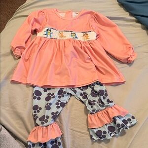 Bluey Smocked Long Sleeve Top and Paw Print Pants Set